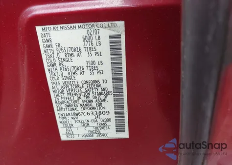 2007 Nissan Pathfinder Se from USA, damaged, VIN 5N1AR18W67C633809